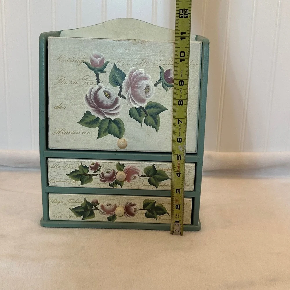 Unbranded Wooden Jewelry Box Green Excellent Floral Shabby Chic 3-Tier Floral